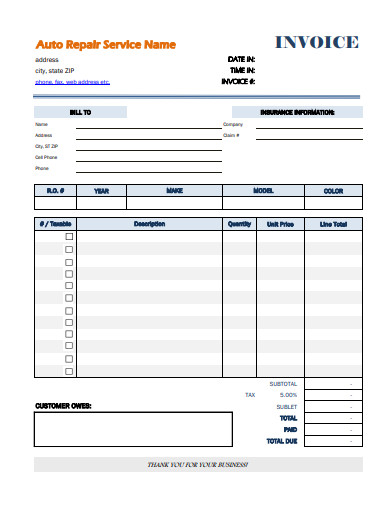 free auto repair invoice template word