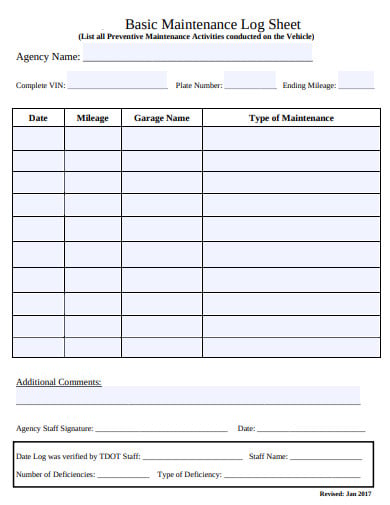 basic maintenance log sheet template