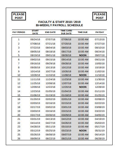 bi weekly payroll schedule template