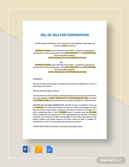 bill of sale for corporations template