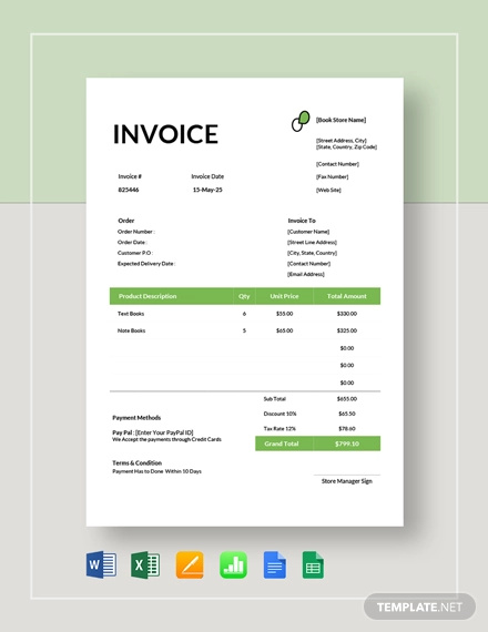 book store invoice template