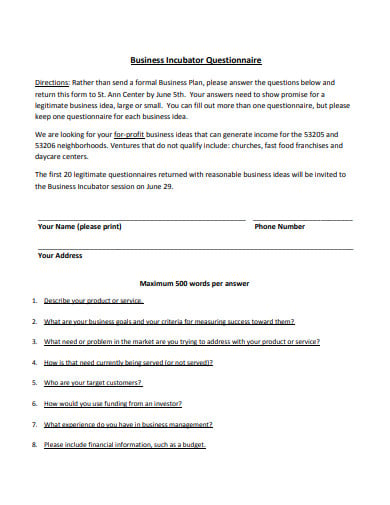 business incubator questionnaire template