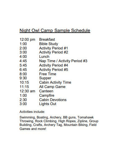 camp sample schedule template