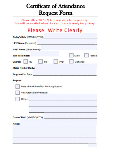 certificate of attendance request form template