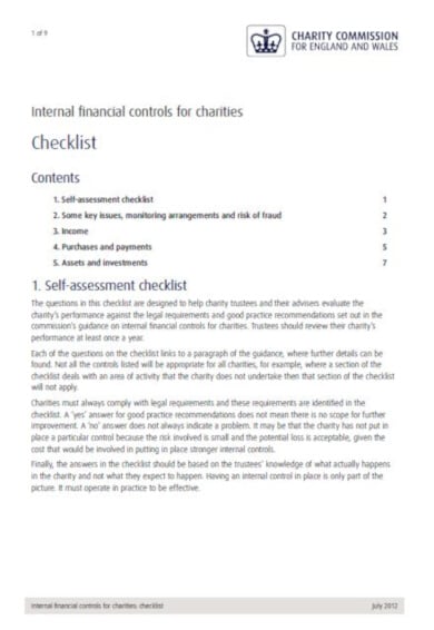 charity financial control checklist template