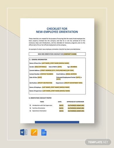 checklist new employee orientation template