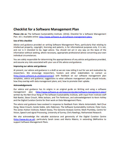 checklist for a software management plan template
