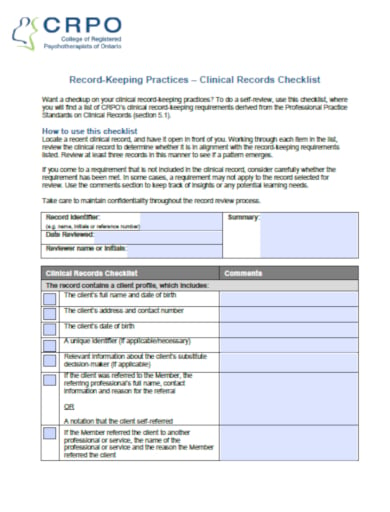 clinical records checklist template example
