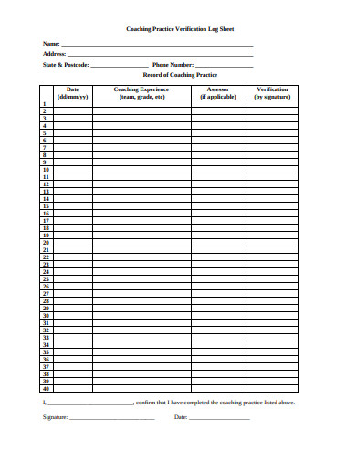 coaching practice verfication log sheet template