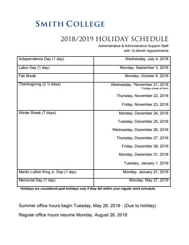 college holiday schedule format