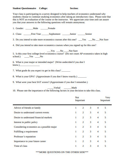 college student questionnaire