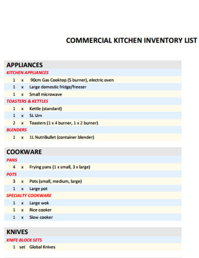 commercial kitchen inventory list