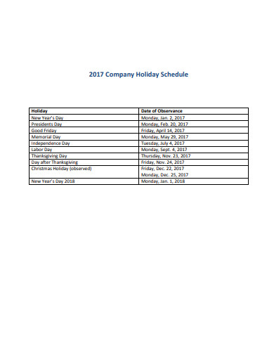 company holiday schedule example