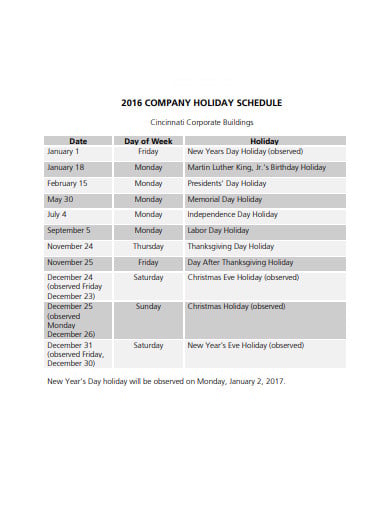 company holiday schedule format