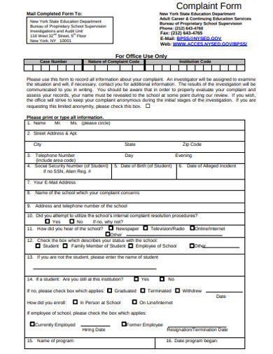 complaint form example