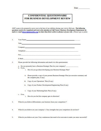 confidential questionnaire for business development review