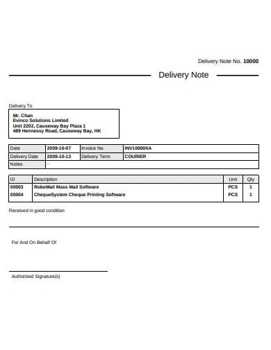 courier delivery note template