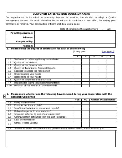 customer questionnaire template in doc