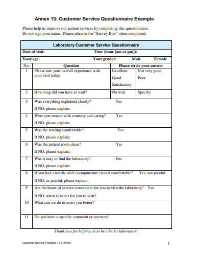 customer service questionnaire examples