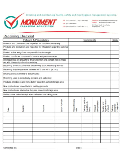 customizable receiving checklist template