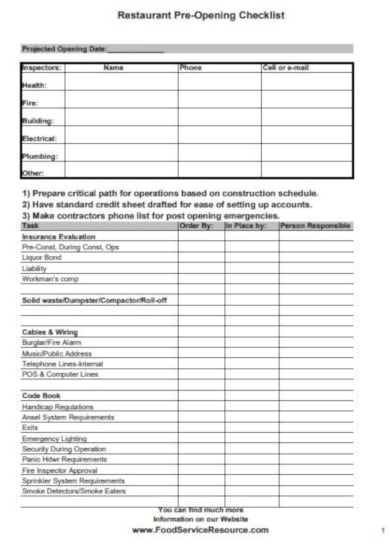 detailed restaurant pre opening checklist template