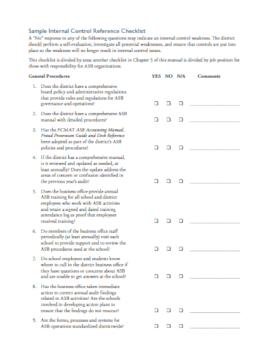 district internal control reference checklist template