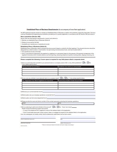 established place of business questionnaire template