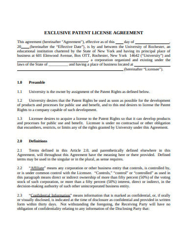 exclusive patent agreement template