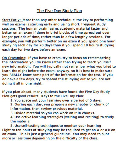 five day study plan template
