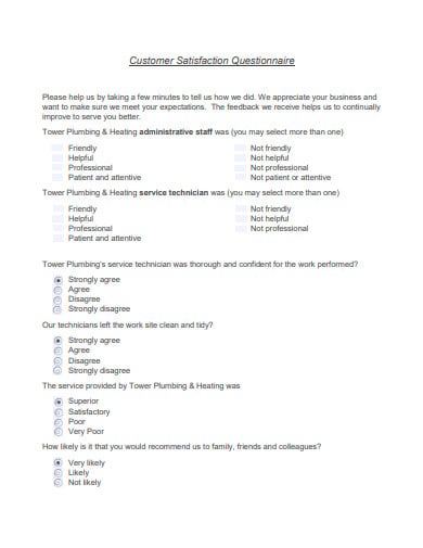 formal customer satisfaction questionnaire templates