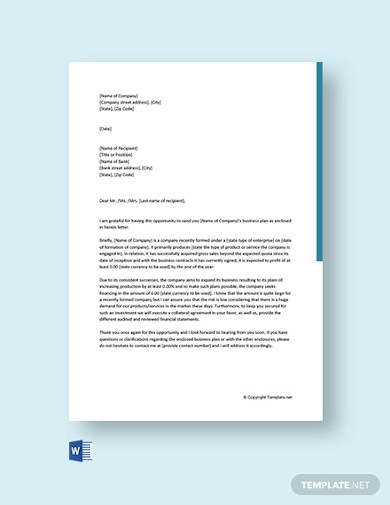 free business plan cover letter to bank