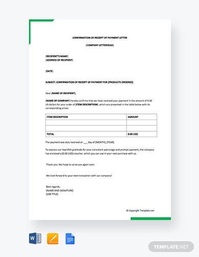 free confirmation of receipt of payment letter