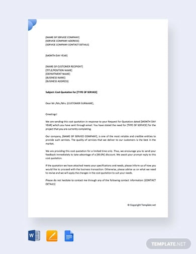 free cover letter for a cost quotation