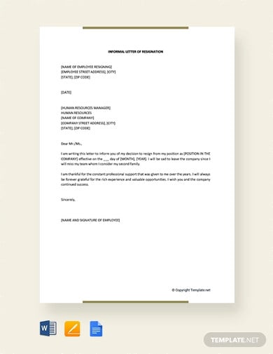 free informal letter resignation