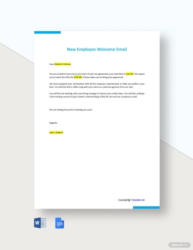 free new employee welcome email letter template