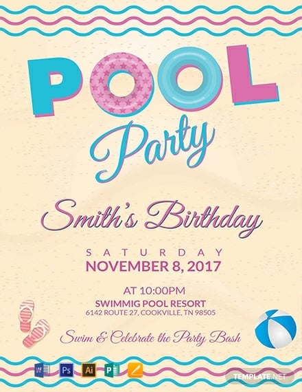 free pool party birthday flyer template 440x570