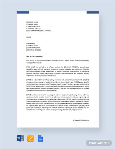 free promotion recommendation letter for software engineer
