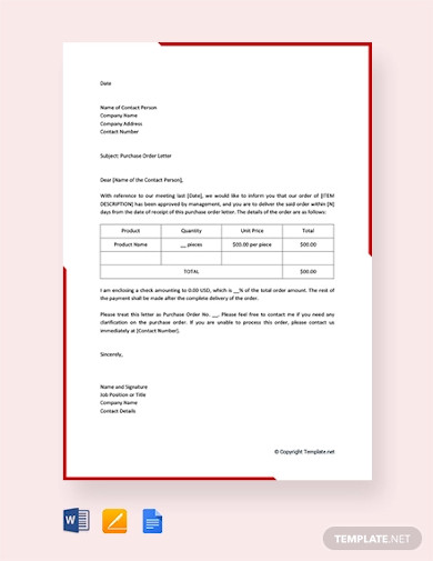 9+ Purchase Order Letter Templates in Google Docs | Word | Pages | PDF ...