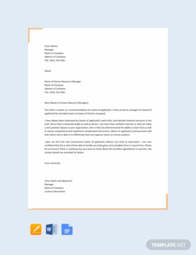 free recommendation letter for employee from manager