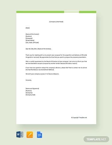 free rejection letter to vendor proposal