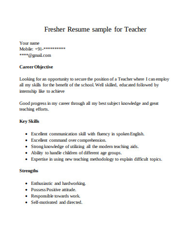 fresher resume sample for teacher