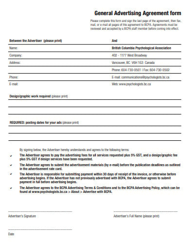 general advertising agreement form template