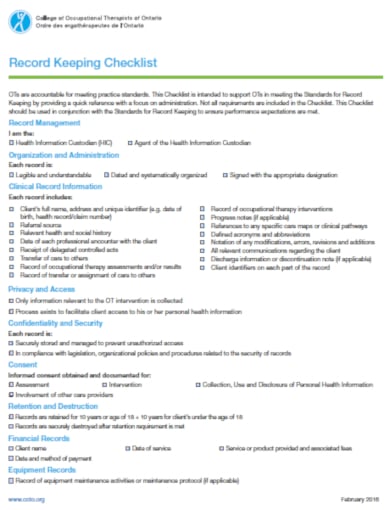 health sector record keeping checklist template