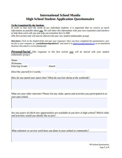 high school student application questionnaire