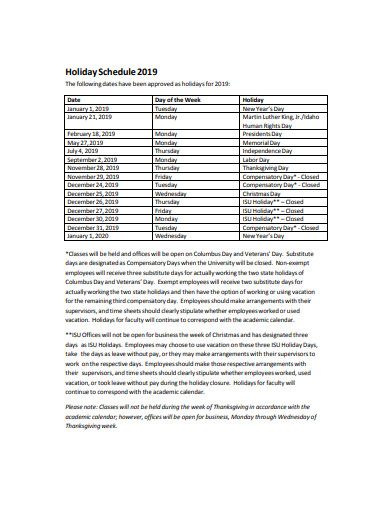 holiday schedule example