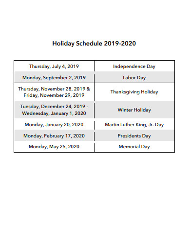 holiday schedule in pdf