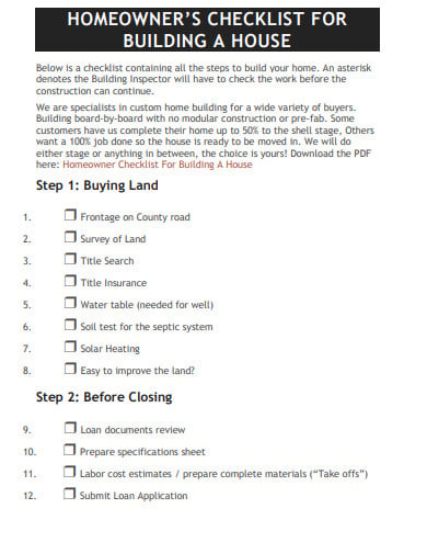 home owners checklist for building a house