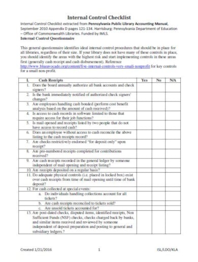 internal control checklist template for library