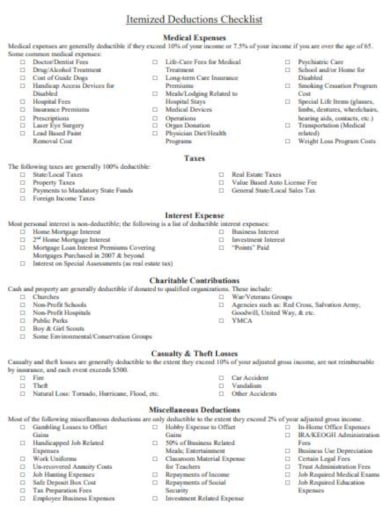 itemized deduction checklist template