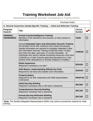 job training worksheet in pdf